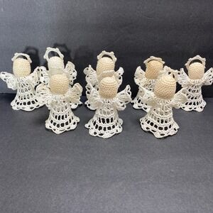 Set of 8 Handmade Crochet Angels Figurines White Christmas Ornaments Decorations